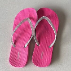 Old Navy Hot Pink Flip Flops with Silver Glitter Straps